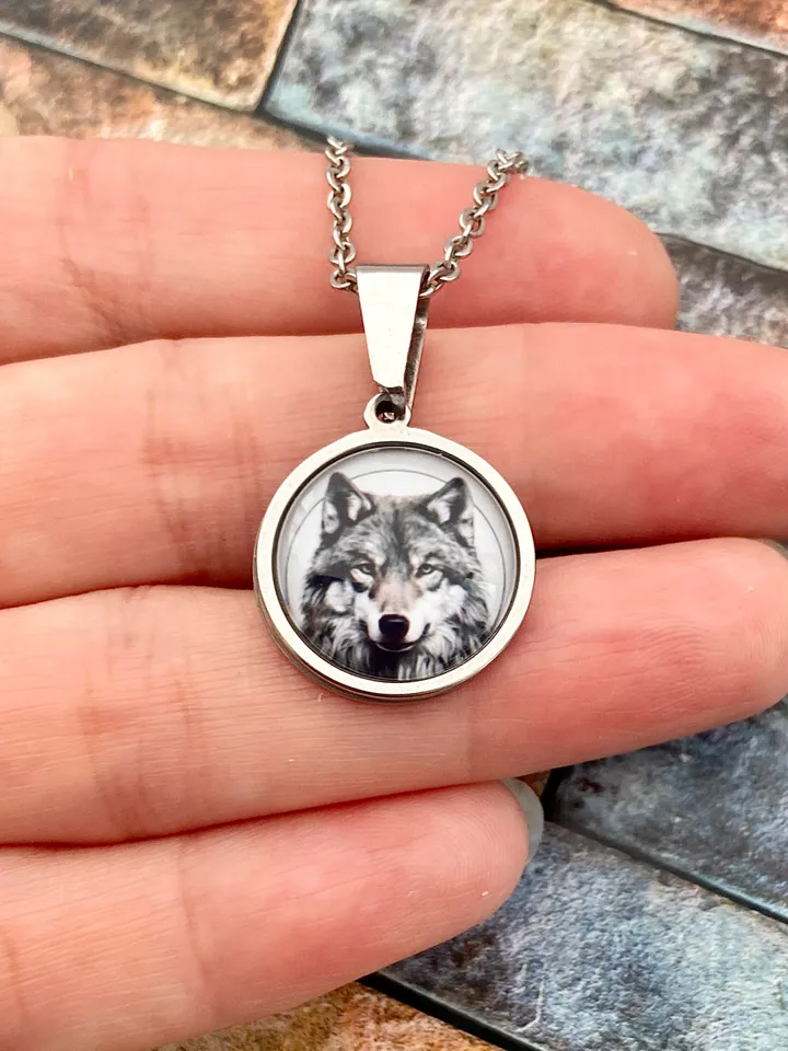 Wolf head necklace, steel pendant with glass, Wolf lover gift
