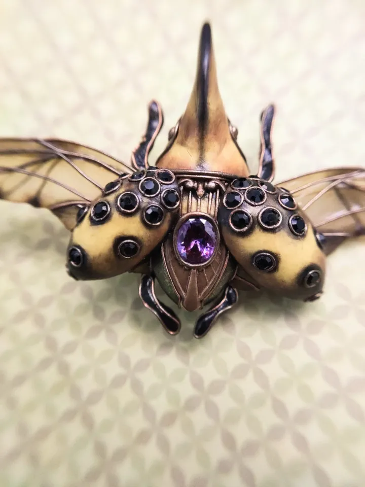 Yellow Hercules Beetle Brooch, Hercules Beetle Figurine, Sculpture Art