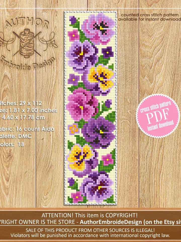 Flower bookmark set cross stitch pattern PDF download Floral bookmark for women, Bookmark pattern digital PDF, Red poppies, Pansy #B236