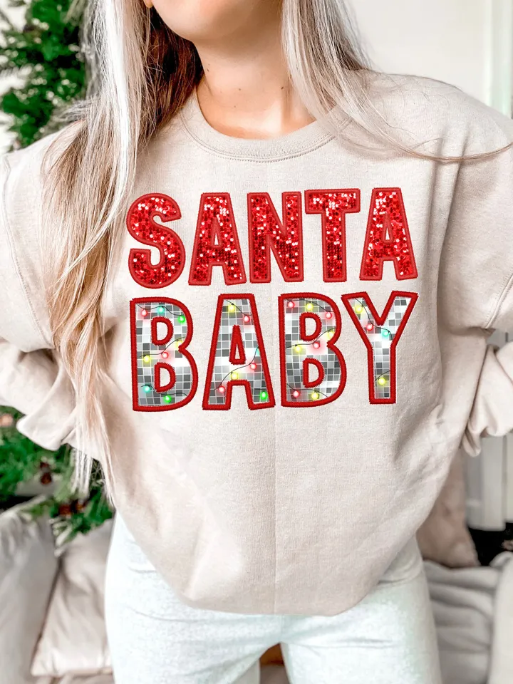 Santa baby preppy disco Christmas lights digital Faux Glitter Sequins Embroidery Letters PNG Christmas Lights, Trendy red Christmas