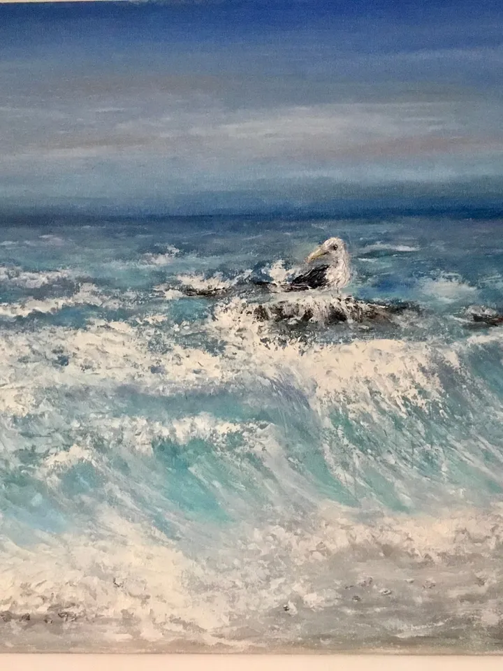 Seascape and a seagull oil painting hand made,waves,stones and a beach.Stretched canvas. Size 50/70 sm,27.5/19.6 inches.
