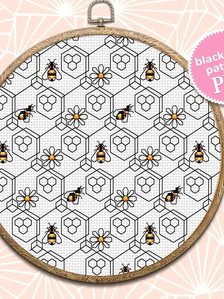 Bee geometric blackwork pattern PDF Honeycomb seamless pattern, Backstitch repeating pattern embroidery, Bee cross stitch download PDF #W2