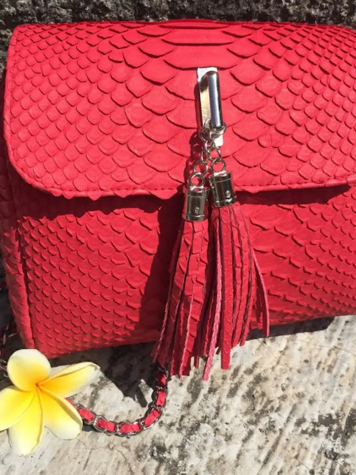 Genuine Python Skin Crossbody Bag | Chain Tassel red summer bag | Leather Woman Free Shipping Handmade Summer purse | exotic leather bag