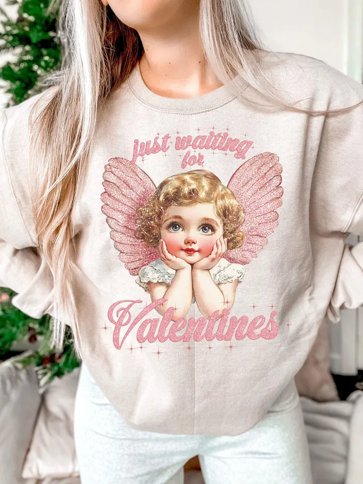 Just Waiting For Valentine's Png, Retro Valentine Shirt Design, Gold Glittered Cupid, Valentine's Day Png, Valentine Love Png Digital