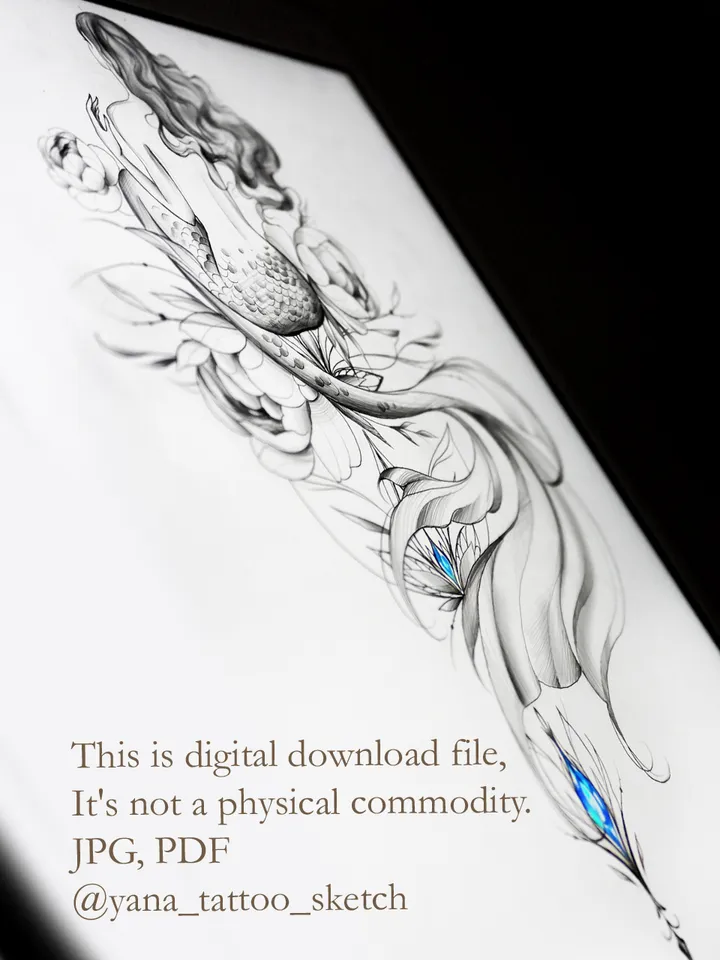 Mermaid Tattoo Design Mermaid Tattoo Stencil Idea Sketch, Instant download PDF, JPG