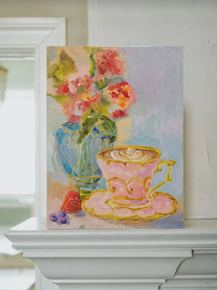 "Cup of coffee" oil painting on canvas 20x25cm (8x10inch)