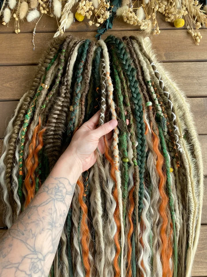 Brown blonde green and ginger synthetic curly de dreads Ready to ship π