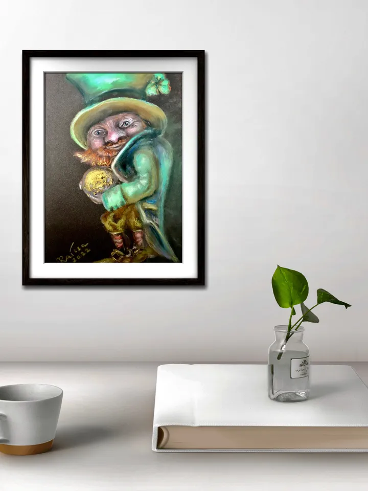Funny leprechaun with a golden coin painting ,original soft pastel painting on specialized paper,,Irish leprechaun wall art,special gift.