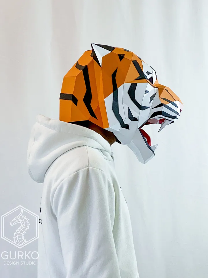 Angry Tiger Mask Papercraft, Cat, Digital Template, PDF Download, Gurko, 3D Low Poly Animal Mask, DIY Origami, Pepakura, Paper Mask, Costume
