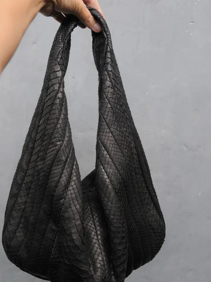 Big Soft Hobo Classy Sport Woman Stitched Bag | Purse Genuine Python Skin | Black Big Elegant Leather Designer Soft Bag Snake | reptile hobo