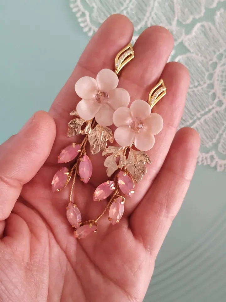 Opal Pink Blush Boho Wedding Earrings, Porcelain Pink Flower Gold Bridal Earrings, Boho Wedding Earrings, Chandelier Statement Earrings