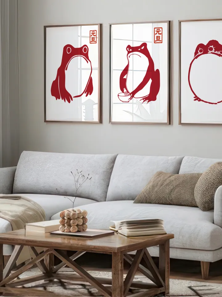 Japanese Matsumoto Hoji Frog Set of 3, Vintage Frog Woodblock Poster, Ukiyo-e Frog Print, Japanese Frog Printable Wall Art, Digital Download