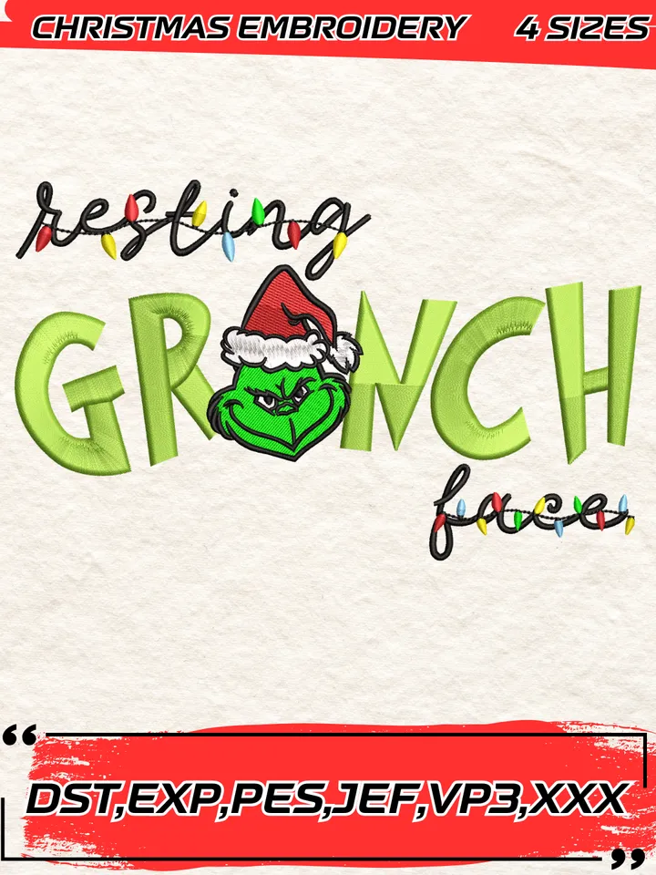 Grinch Resting Face Embroidery Design,Christmas Embroidery Design,4 Sizes,Digital Download
