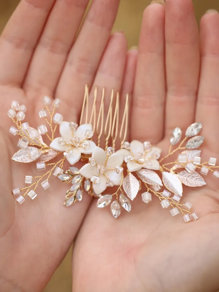 Floral Opal Crystal Bridal Hair Comb Earrings Jewelry Set, Wedding hair accessory, Ceramic Flowers Hair Comb, Gold Bridal Hair accessories