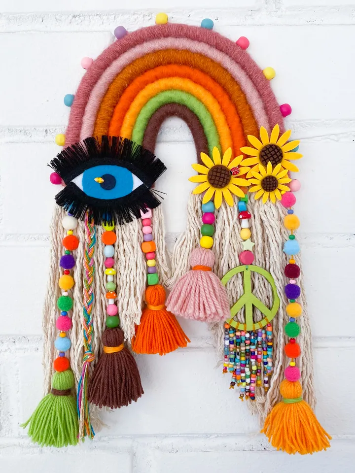 Hippie room decor, Macrame rainbow wall hanging with evil eye and peace sign, Boho home decor