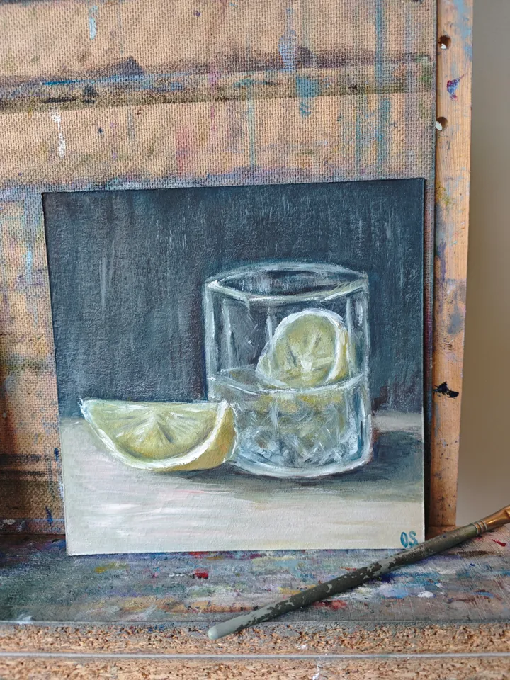 Lemon And Glass Original Painting Fruit Original Art Lemon In Glass Modern Artwork Piece Of Lemon And Glass Oil Painting Fruit Wall Art Decor 8 x 8 inches by OlgaSokolovaArt