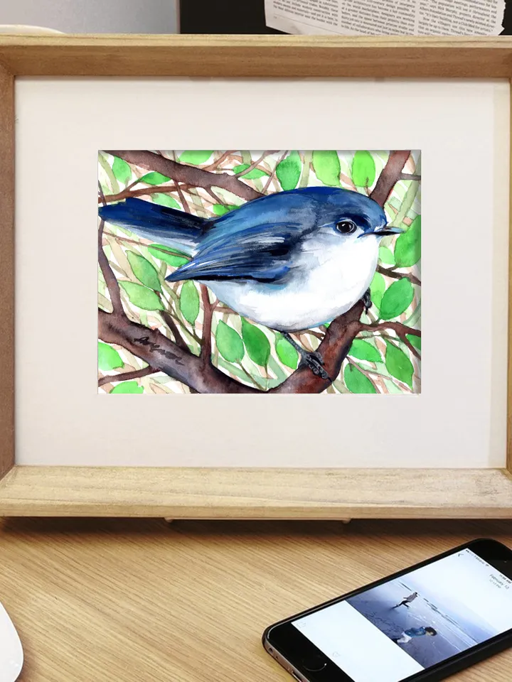 Blue bird original watercolor, birds painting, handmade wall decor, 5x7 in art for bird lovers by Anne Gorywine