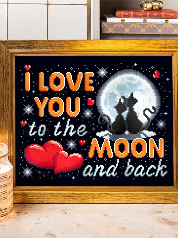 I love you to the moon and back cross stitch pattern download PDF Love lettering cross stitch chart, Starry night sky pattern Cute cats #V17
