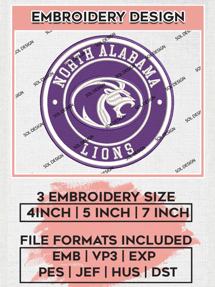 NCAA North Alabama Lions Round Logo Embroidery, NCAA North Alabama Team Logo Embroidery files, NCAA Teams, Machine embroidery designs, Digital Download