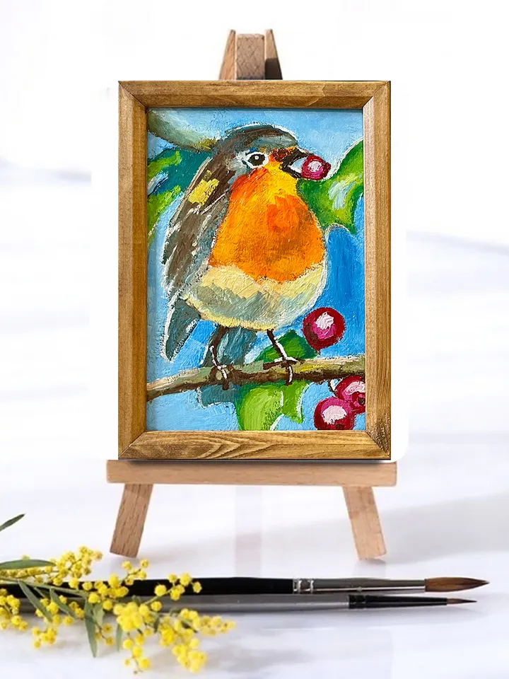 Robin bird painting, original oil painting, Framed animal art