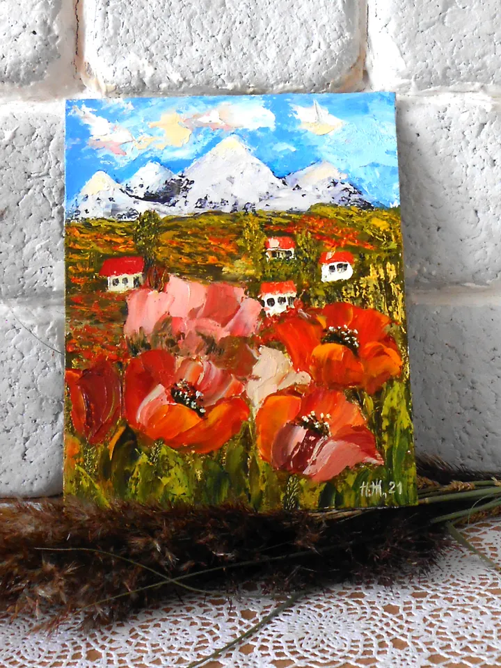Poppies oil painting landscape | Landscape painting with houses