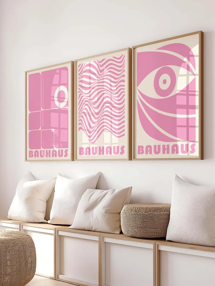 Pink Bauhaus Wall Art Set of 3, Modern Geometric Abstract Prints, Mid Century Minimalist Poster Trio, Printable Home Decor Art