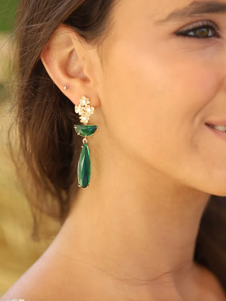Gold 24K Emerald Green Art Deco Wedding Earrings For Brides, Vintage Style Flower Statement Bridal Earrings, Boho Wedding Earrings, Jewelry