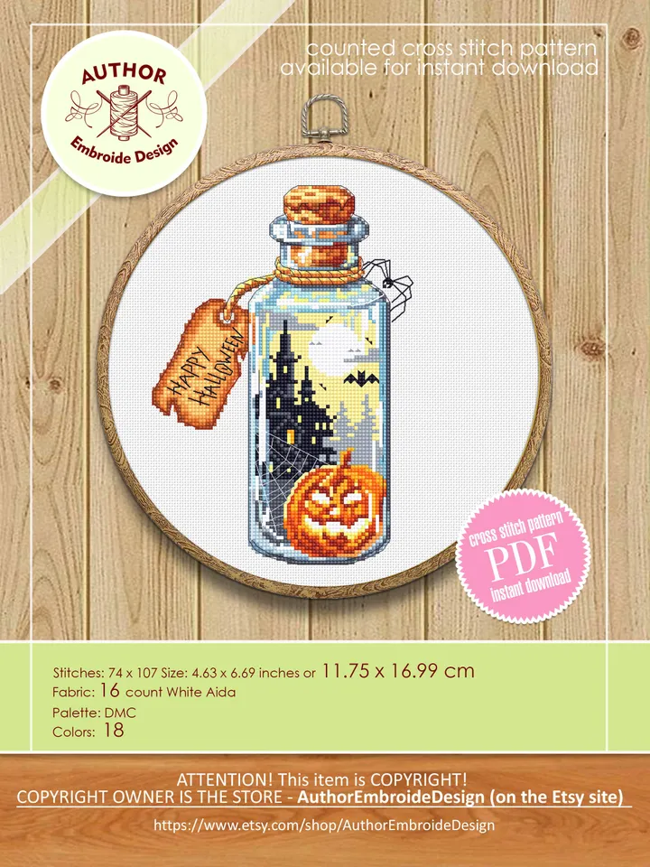 Halloween bottle cross stitch pattern download PDF Horror pumpkin xstitch chart Happy Halloween embroidery Spooky castle digital pdf #H29