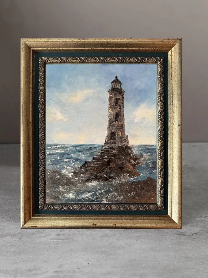 Lighthouse Painting Original Framed Coastal Oil Painting Sea Painting