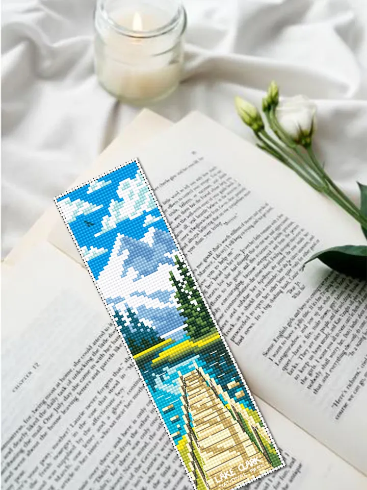 Lake Clark national park bookmark cross stitch pattern PDF download Nature cross stitch chart Digital bookmark pattern Dock on a lake #B225