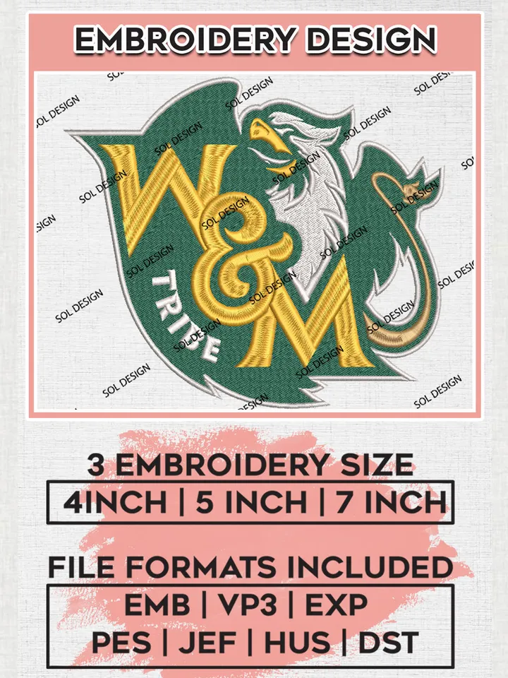 NCAA William & Mary Tribe Football Team Logo Embroidery Design Files, NCAA William & Mary Tribe Machine Embroidery, NCAA Teams, Game Day, 3 sizes, NCAA Machine embroidery designs, Digital Download