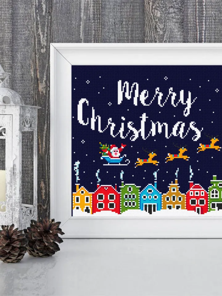 Merry Christmas cross stitch pattern PDF download Winter town cross stitch chart, Christmas pattern digital PDF, Christmas houses #N49
