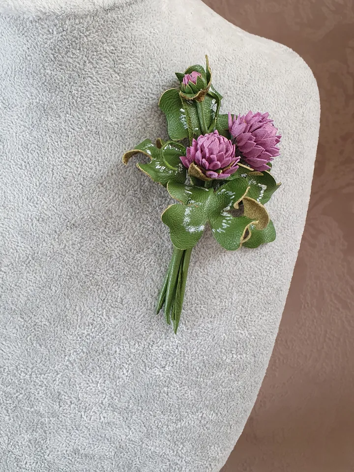 Clover leather brooch 3rd anniversary gift for wife, Leather women's jewelry,art 5