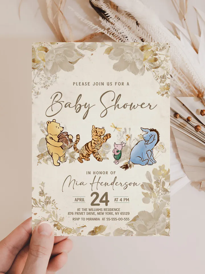 Classic Winnie Pooh Baby Shower Invitation; Pooh Baby Shower Editable Template; Neutral Flowers Baby Shower; Baby Shower trend of 2023