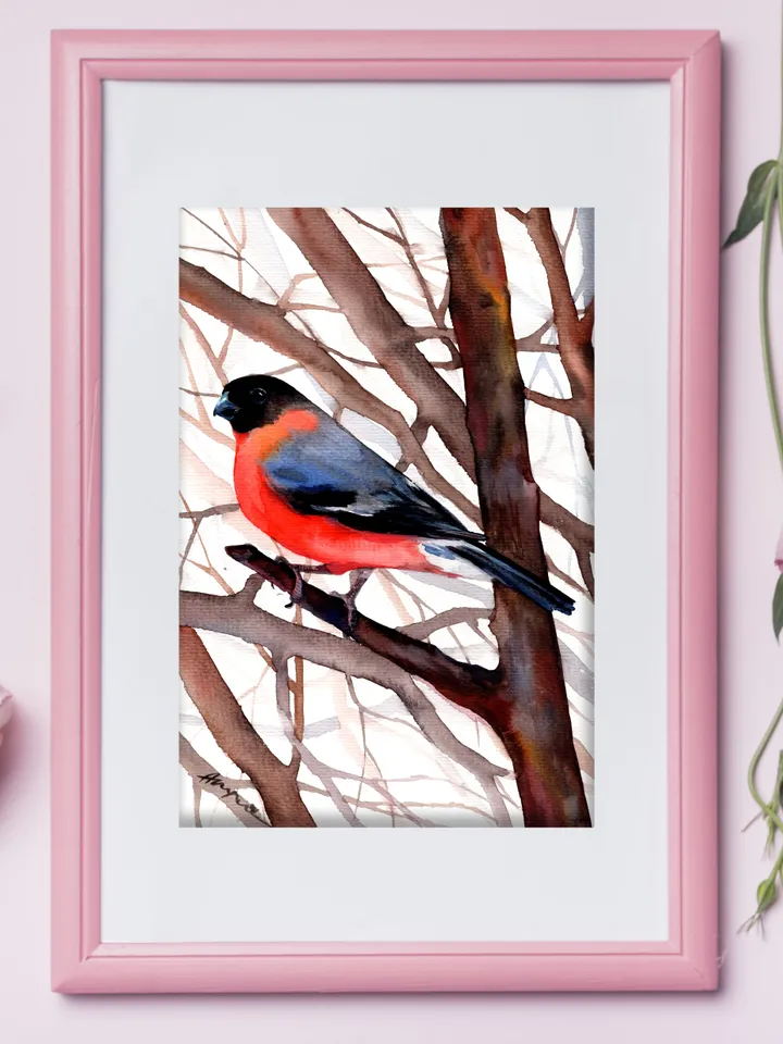 Bullfinch original watercolor, birds painting, wall decor, 7x10 in art for bird lovers by Anne Gorywine