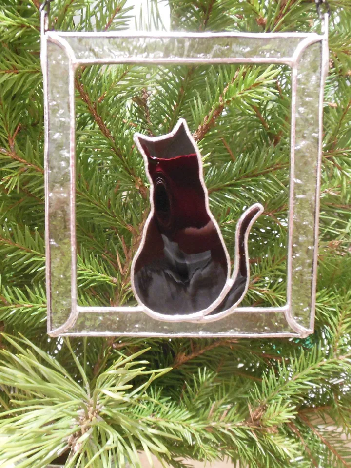 Black Cat in Frame Stained glass window hanging Suncatcher . Gift for animal lover, pet loss memorial .