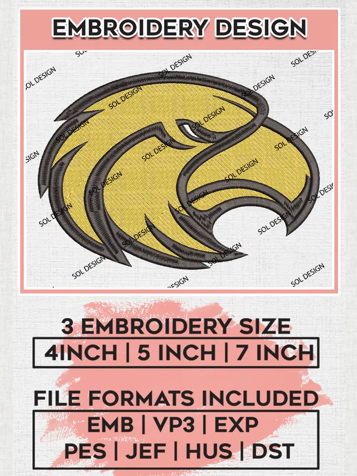 NCAA Southern Miss Golden Eagles Team Head Mascot Logo Embroidery Design Files, NCAA Southern Miss Golden Eagles Machine Embroidery, NCAA Teams, Game Day, 3 sizes, NCAA Machine embroidery designs, Digital Download