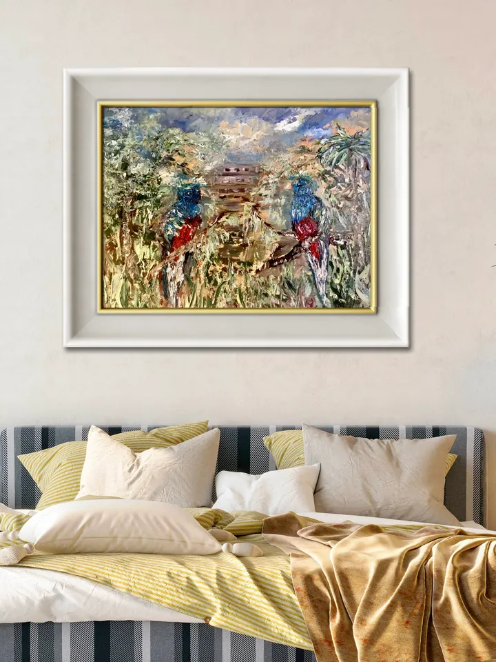 A couple of quetzal birds,mayan pyramid on the background, colourful impasto oil painting on stretched canvas ,wall art,couple love gift