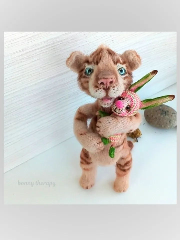 Cute crochet toy tiger cub, stuffed animal with wire frame