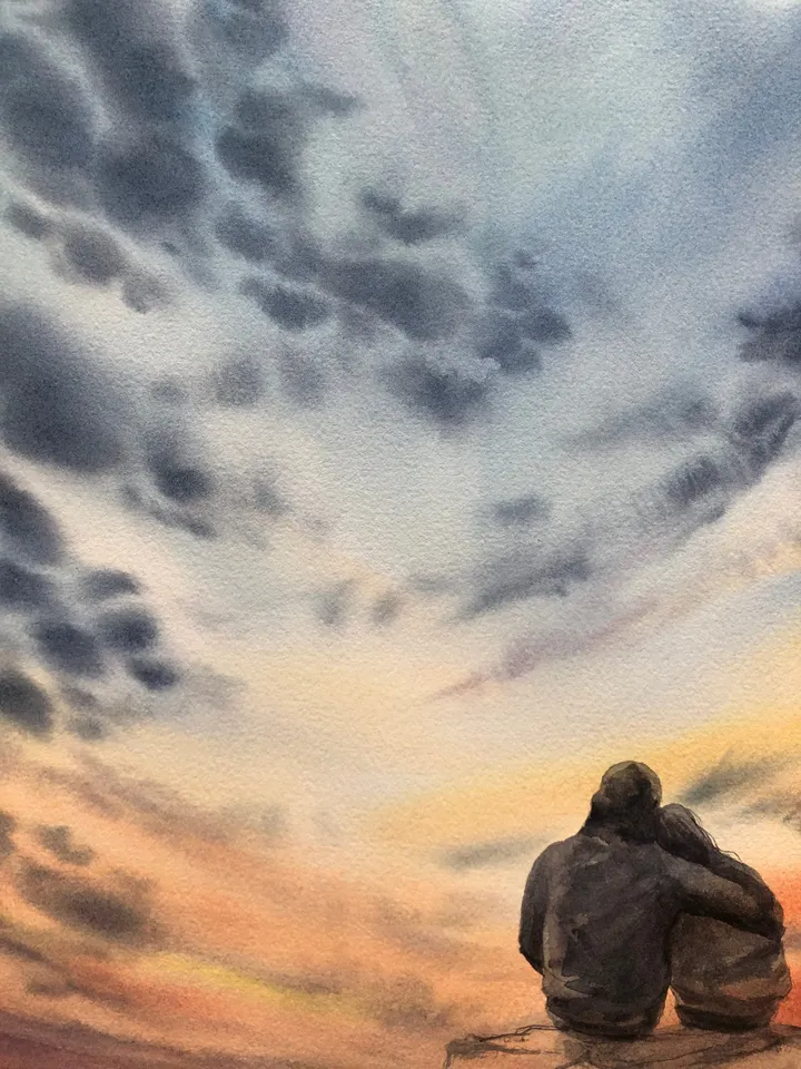 Sunset Original Seascape Painting Watercolor Romantic Painting Love Art