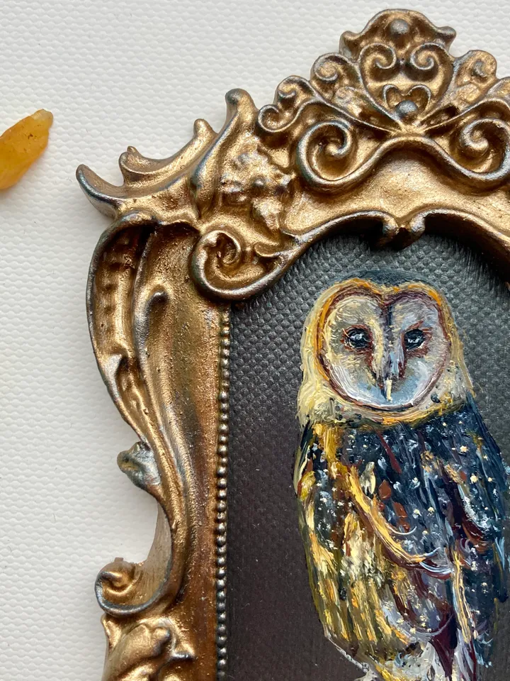 Owl Oil Painting Original In Vintage Style Frame Small Framed Bird Art Barn Owl