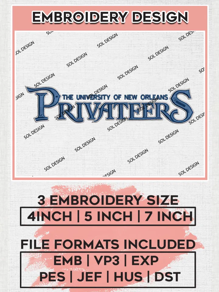 New Orleans Privateers NCAA College Football Team Logo Embroidery Design Files, NCAA New Orleans Privateers Machine Embroidery, NCAA Teams, 3 sizes, NCAA Machine embroidery designs, Digital Download