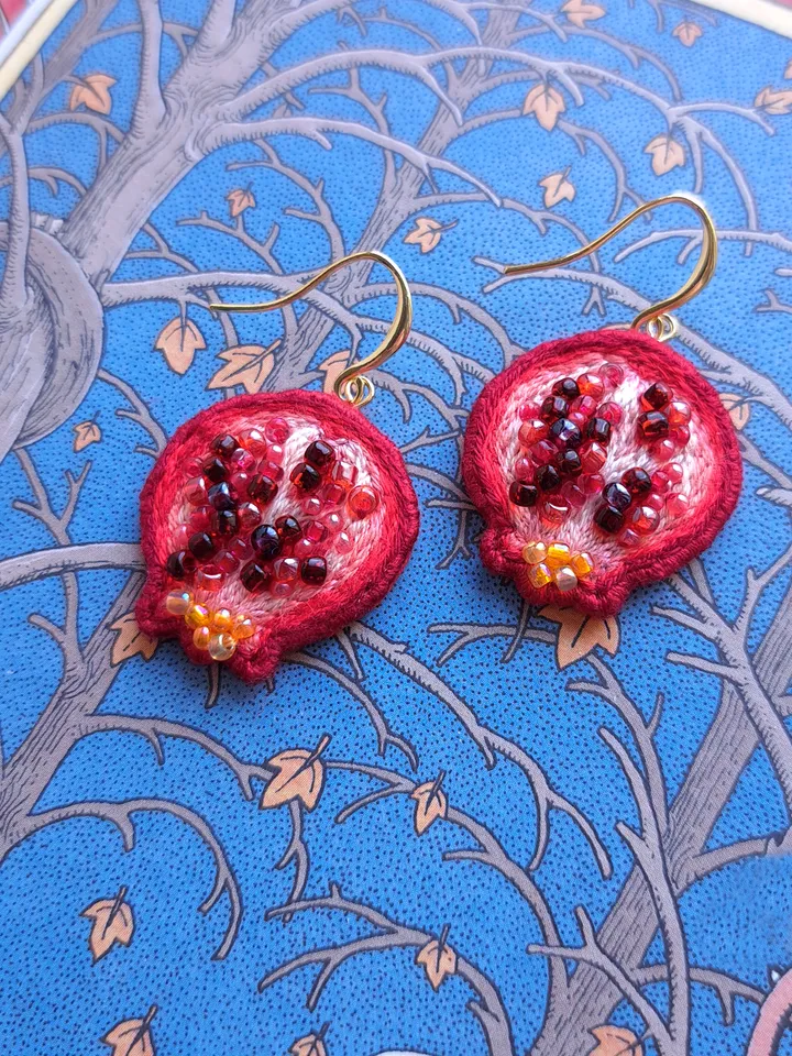 Pomegranate Earrings Handcrafted Jewelry Hand-Embroidered Unique Quirky Accessory Fruit Dangles Accessories Gift for Her