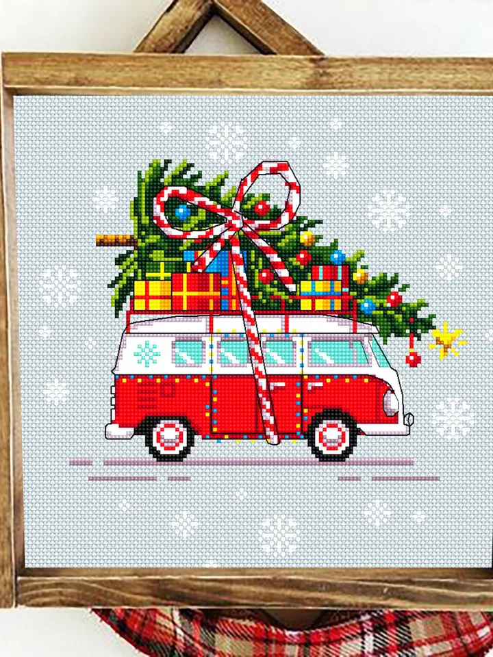 Christmas tree van cross stitch pattern download PDF Holiday hand embroidery Red truck christmas cross stitch Christmas pattern digital #N19