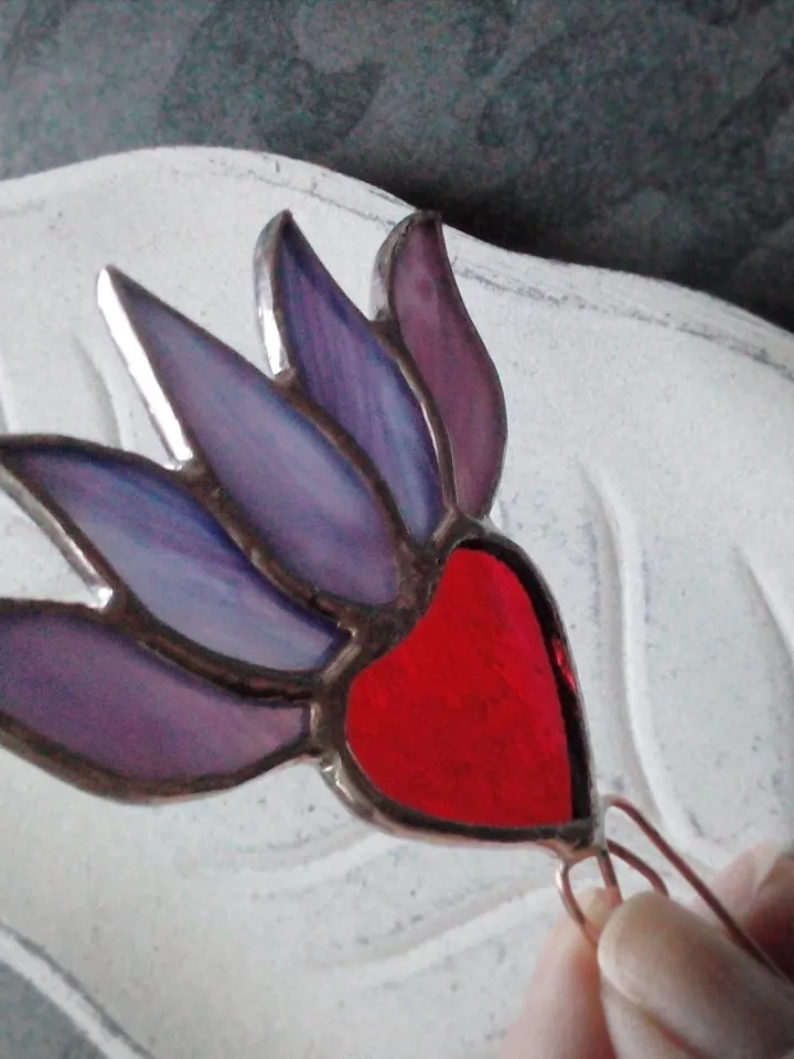 Purple lotos flower, Garden art, Glass flower, Plant pot glass stake. Stain glass plant, heart flower pot pole