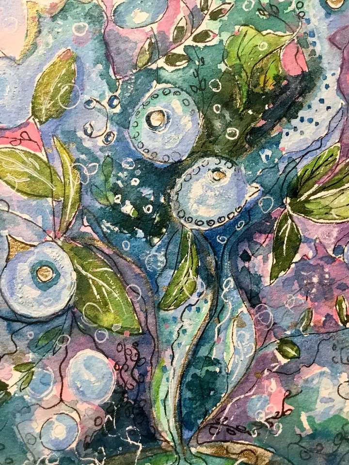 Floral fantasy original watercolor painting on paper, unique handmade artwork, wall art, home decor, blue green pink abstract fantasy art.