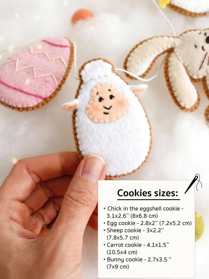 Felt garland with Easter cookies hand sewing PDF tutorial with patterns. DIY Easter ornament. Felt Easter wall decoration