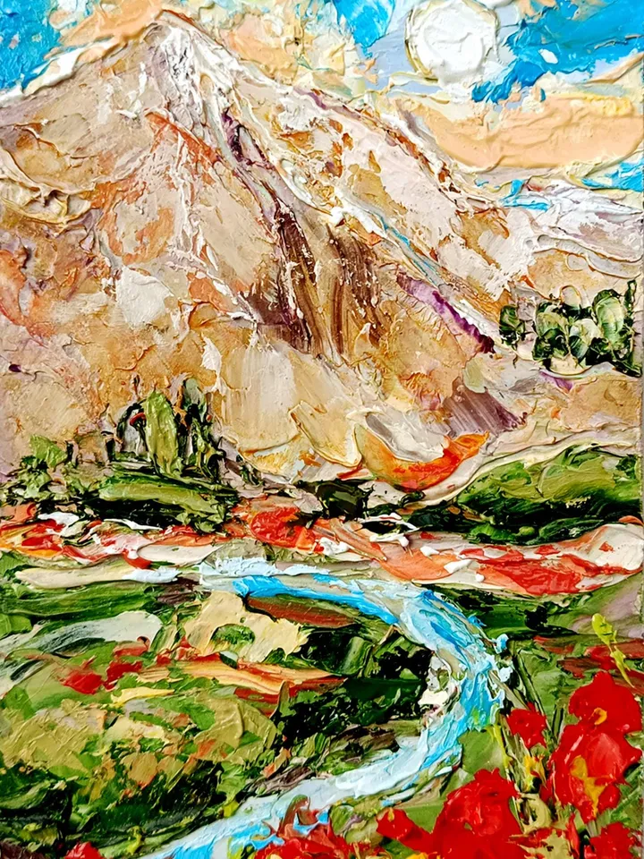 Rocky Mountains Painting Colorado Original Art Impasto Oil Painting Pine Trees Painting Poppy Small Wall Art  6 by 4 by Art ProkopaloSv
