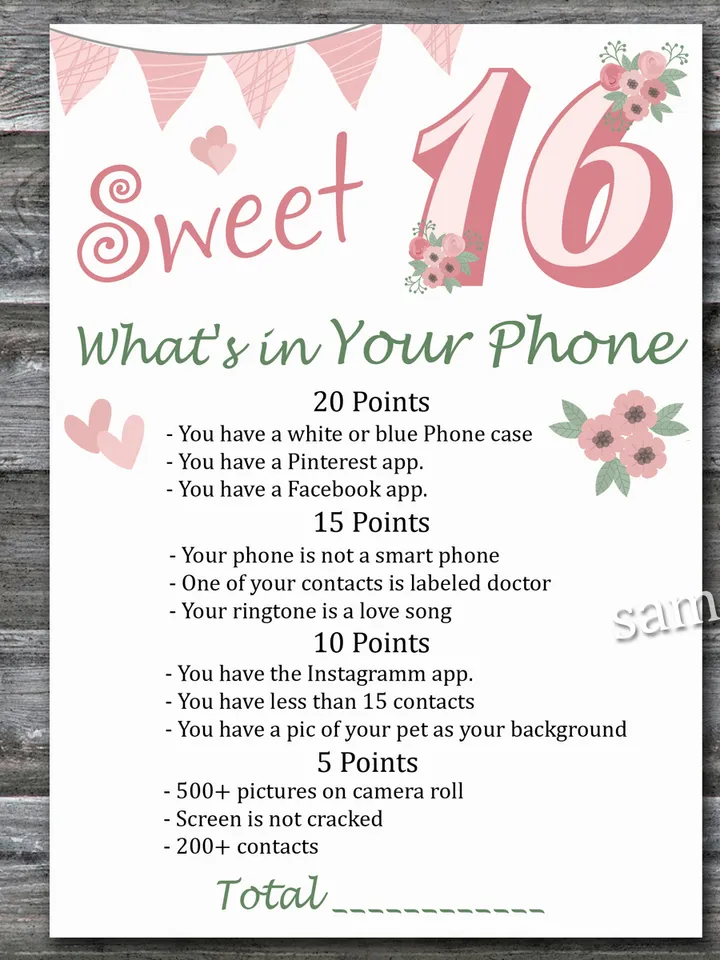 Sweet 16th What's in Your Phone Birthday Party Game,Adult Birthday party game printable-Instant download