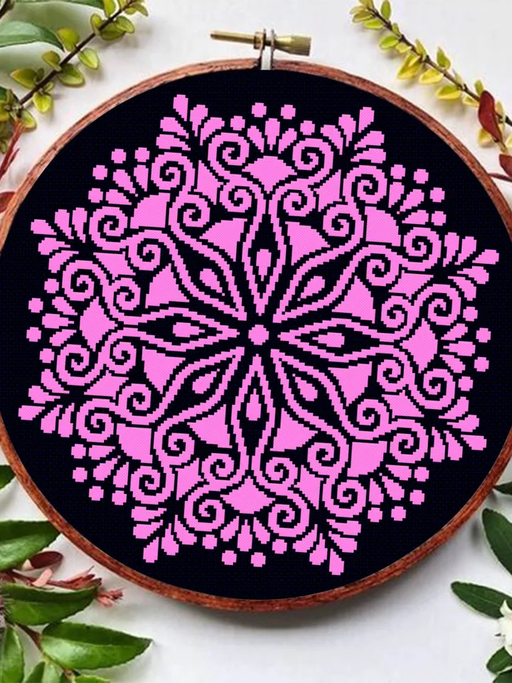 Mandala cross stitch pattern download PDF Flower mandala pattern digital Monochrome cross stitch chart Floral ornament embroidery PDF #M104